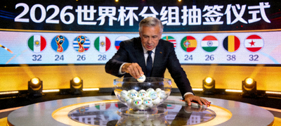 2026世界杯分组抽签仪式现场，嘉宾正在抽取球队，大屏幕显示分组结果