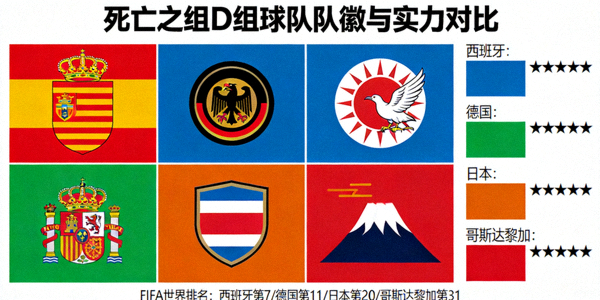 死亡之组D组四支球队的队徽与实力对比分析图，显示西班牙、德国、日本、哥斯达黎加